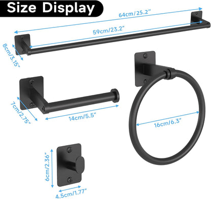 Matte Black Bathroom Accessories Set, KLJKPA 4 Pieces Bathroom Hardware Set, 24 inch Towel Bar, Towel Racks for Bathroom, Robe Towel Hooks, Toilet Paper Holder Wall Mounted