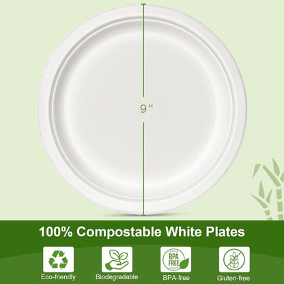 100% Compostable 5X Stronger Round 9-Inch  125 Count & 10-Inch 150Count  Paper Plates| Disposable Biodegradable Bagasse Microwave-Safe, Soak-Proof, Cut & Leak Resistant Plates For Everyday Meals BBQs & Parties