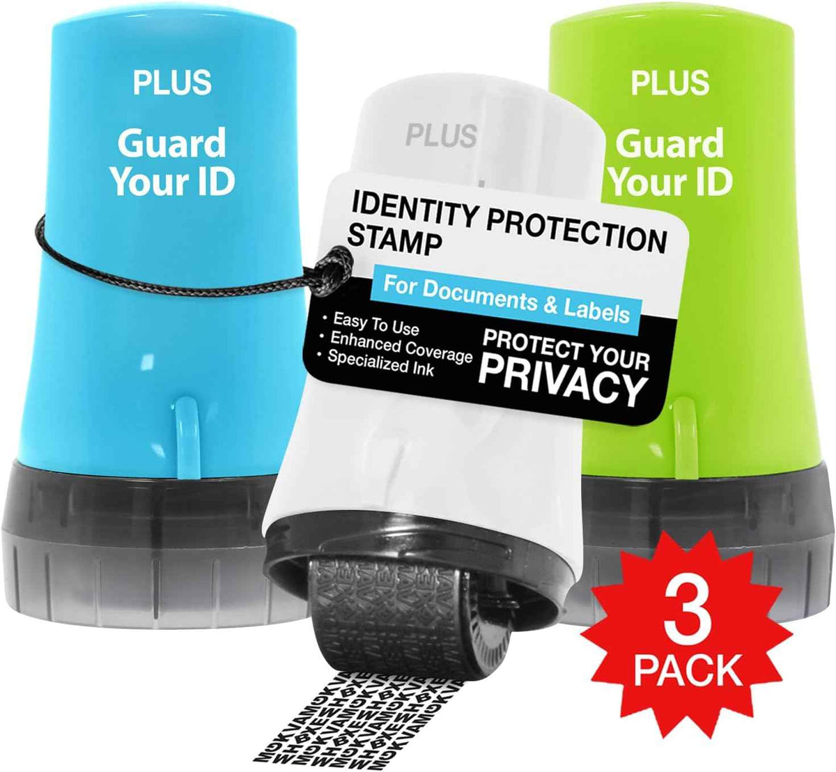 Guard Your ID Advanced 2.0 Roller 3-Pack for Identity Theft Protection, Confidential Security Stamp Mixed Color Kit (Turquoise, Green, White)