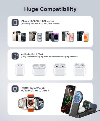 3 in 1 Magnetic Wireless for iPhone Charging Station: Foldable Portable Charger for iPhone 17-12 Pro Max & Apple Watch & AirPods, for Apple Multiple Devices Charger for Home,Office&Travel