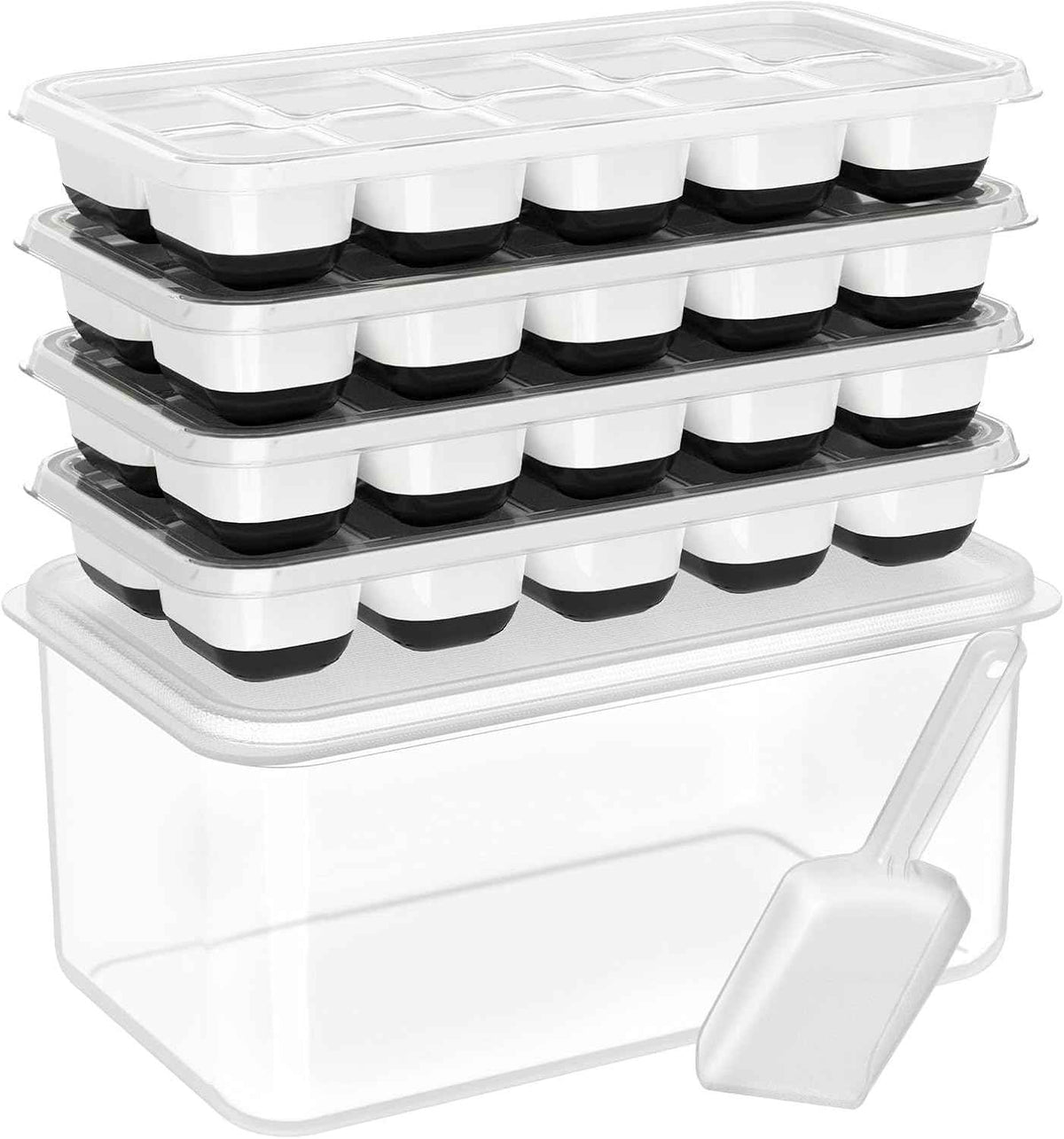 DOQAUS Ice Cube Tray with Lid and Bin, 4 Pack Silicone Plastic Ice Cubes Trays for Freezer with Box/Container, Stackable with Storage Iced Bucket Kits, Scoop, for RV, Soup, Food, Cocktail, Coffee
