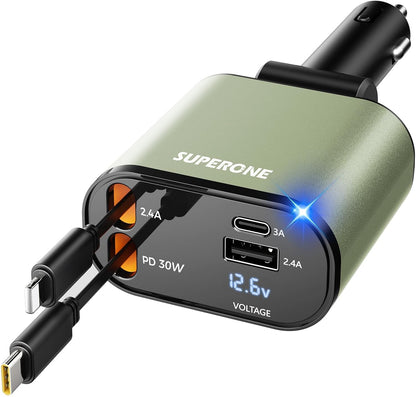 【Upgraded】 SUPERONE Retractable Car Charger 4 in 1, Fast Car Phone Charger with Cord 2.6ft, USB C and Apple Car Adapter, Compatible with iPhone 17 16 15/15 Pro Max/14/13/12/11, Galaxy, Pixel - Rayz Mart