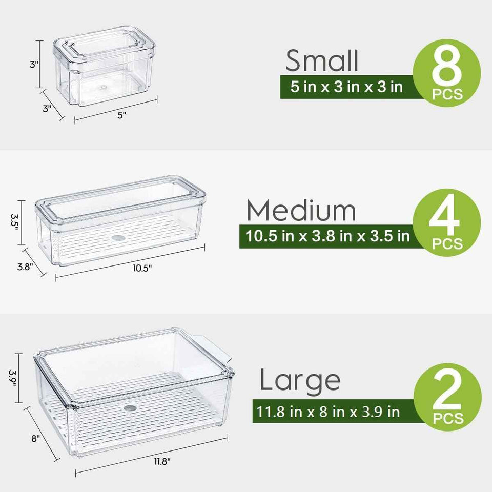 14 Pack Fridge Organizer, Stackable Refrigerator Organizer Bins with Lids, BPA-Free Fridge Organizers and Storage Containers for Fruit, Vegetable, Food, Drinks, Cereals, Clear