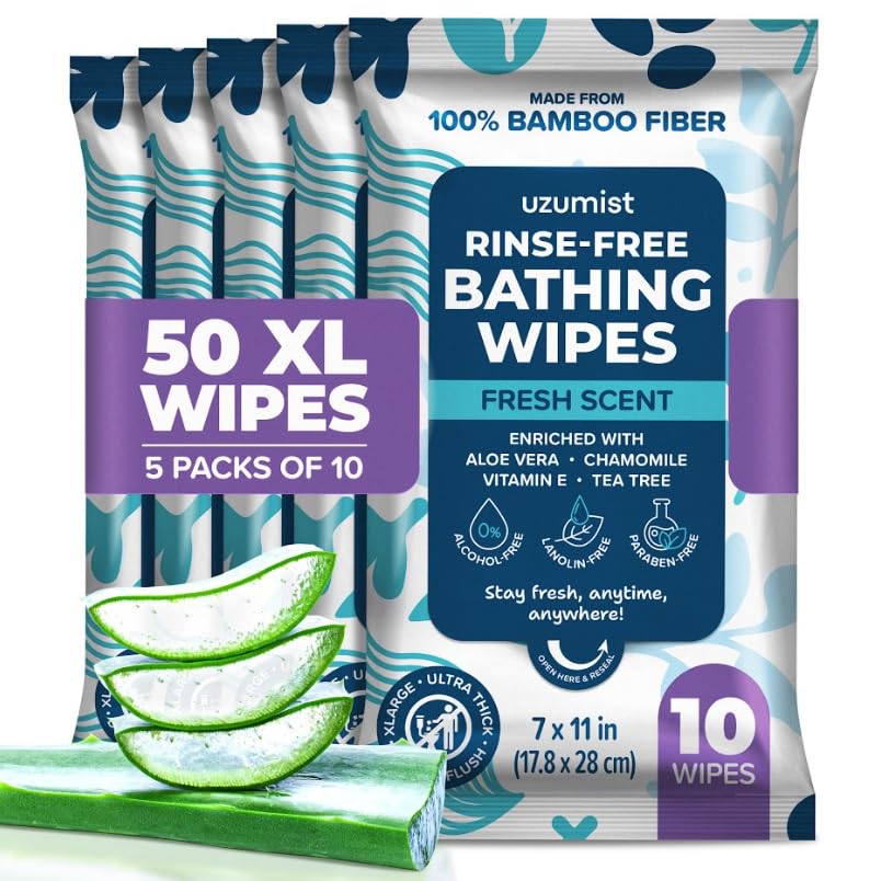Body Wipes for Adults, No Rinse, 50pc XL, Ultra Thick Shower Travel Wipes for Personal Cleansing & Hygiene Essentials