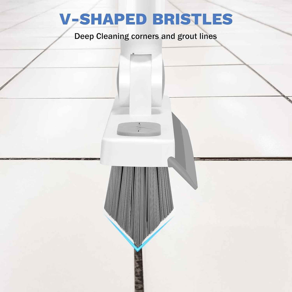 SetSail Grout Cleaner Brush with Long Handle, V-Shaped Floor Scrub Brush Swivel Grout Brush Stiff Bristle Floor Grout Scrubber for Bathroom, Tile Line, Crevice, Kitchen, Wall, Deck, Garage, White Grey