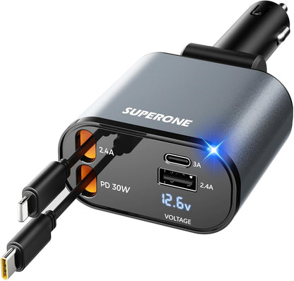 【Upgraded】 SUPERONE Retractable Car Charger 4 in 1, Fast Car Phone Charger with Cord 2.6ft, USB C and Apple Car Adapter, Compatible with iPhone 17 16 15/15 Pro Max/14/13/12/11, Galaxy, Pixel - Rayz Mart