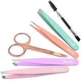 TsMADDTs 6 PCS Stainless Steel Tweezers Set for Women with Curved Scissor and Leather Travel Case