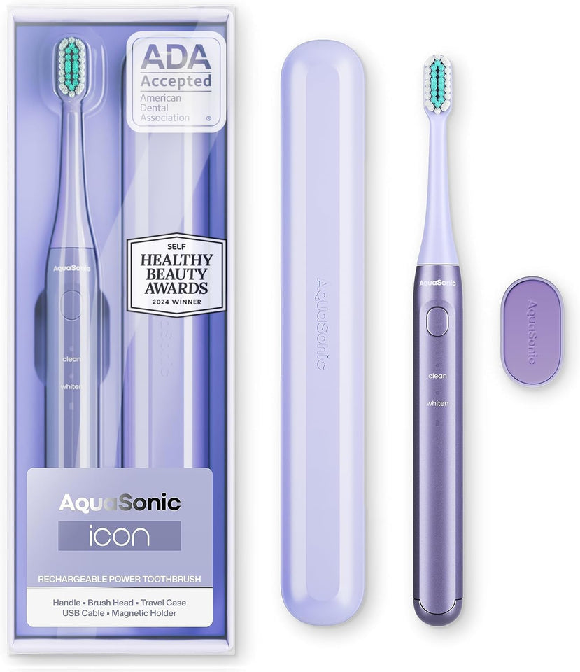 Aquasonic Icon ADA-Accepted Rechargeable Toothbrush with Magnetic Holder & Slim Travel Case | 2 Modes & Smart Timers | Gentle Micro-Vibrations