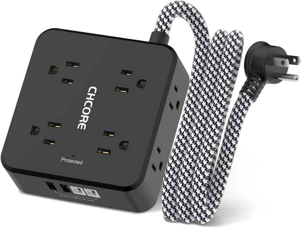 Surge Protector Power Strip - CHCORE 5Ft Braided Extension Cord with 8 Outlets with 4 USB (2 USB C) Charging Ports, Flat Plug Multi Plug Outlet Extender Charging Station for Home Office, ETL, White