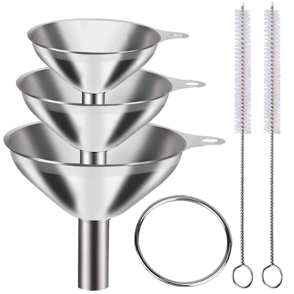Metal Stainless Steel Funnel, Large Medium Small Funnel Set of 3, Food Grade Mini Funnels for Kitchen Use Filling Bottles Flask Cooking, 2 Brushes YLYL
