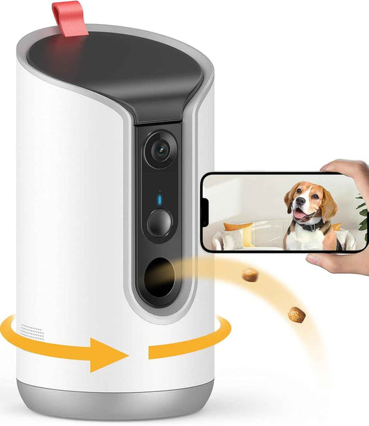 2K Pet Camera Treat Dispenser, 360°View Dog Camera with Phone App, 5G&2.4G WiFi 2-Way Talk Pet Cam Indoor for Cats Remote Treat Tossing, Motion Alerts, Auto Tracking