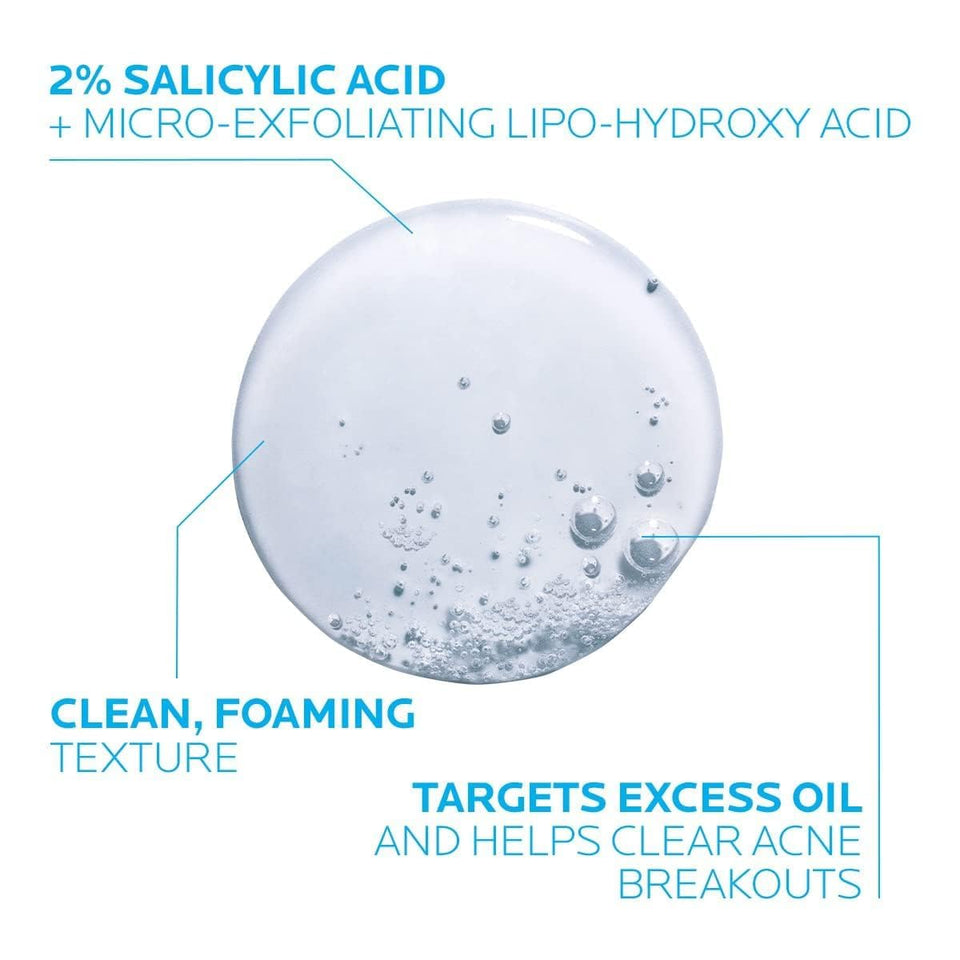 la roche posay effaclar medicated gel cleanser, 2% salicylic acid, lha, glycerin, oil free, dermatologist tested face wash for acne prone skin