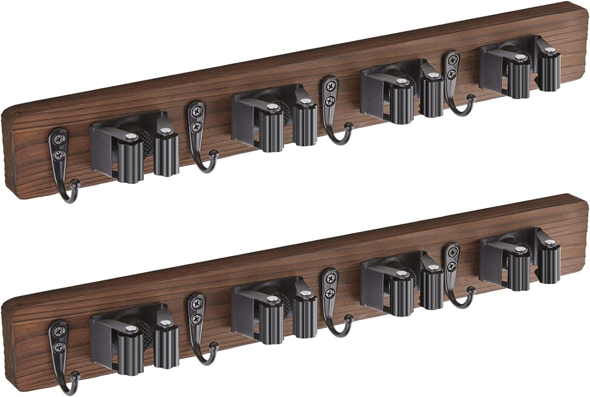 Mop and Broom Holder Wall Mount - Rustic Wood Broom Mop Hanger - Wall Mounted Garden Tool Rack Organizer for Closet Garage Laundry Room Kitchen Decor With 4 Slots & 4 Hooks - Rayz Mart
