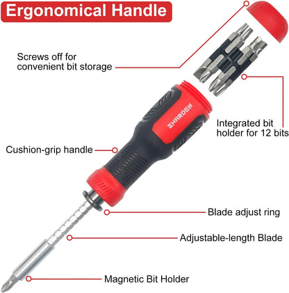 SHARDEN Multi Screwdriver 13-in-1 Screw Driver Adjustable Screwdriver Set Multitool All in One with Torx Security, Flat Head, Phillips, Hex, Square and 1/4 Nut Driver