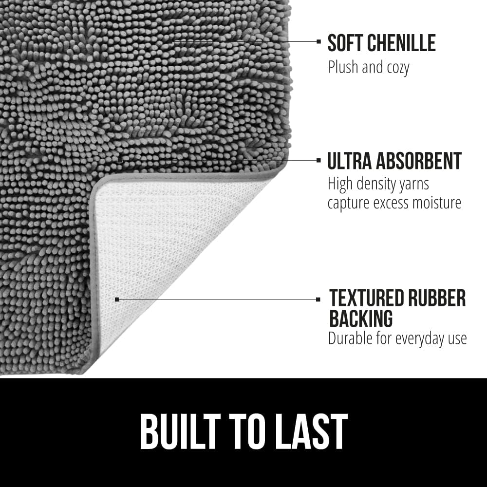 GORILLA GRIP Bath Rug Mat, Thick Soft Absorbent Chenille, Quick Dry Microfiber Mats, Rubber Backing Washable Shower Floor Rugs, Bathmat Runner, US Designed Bathroom Home Decor Accessories 24x17, Grey