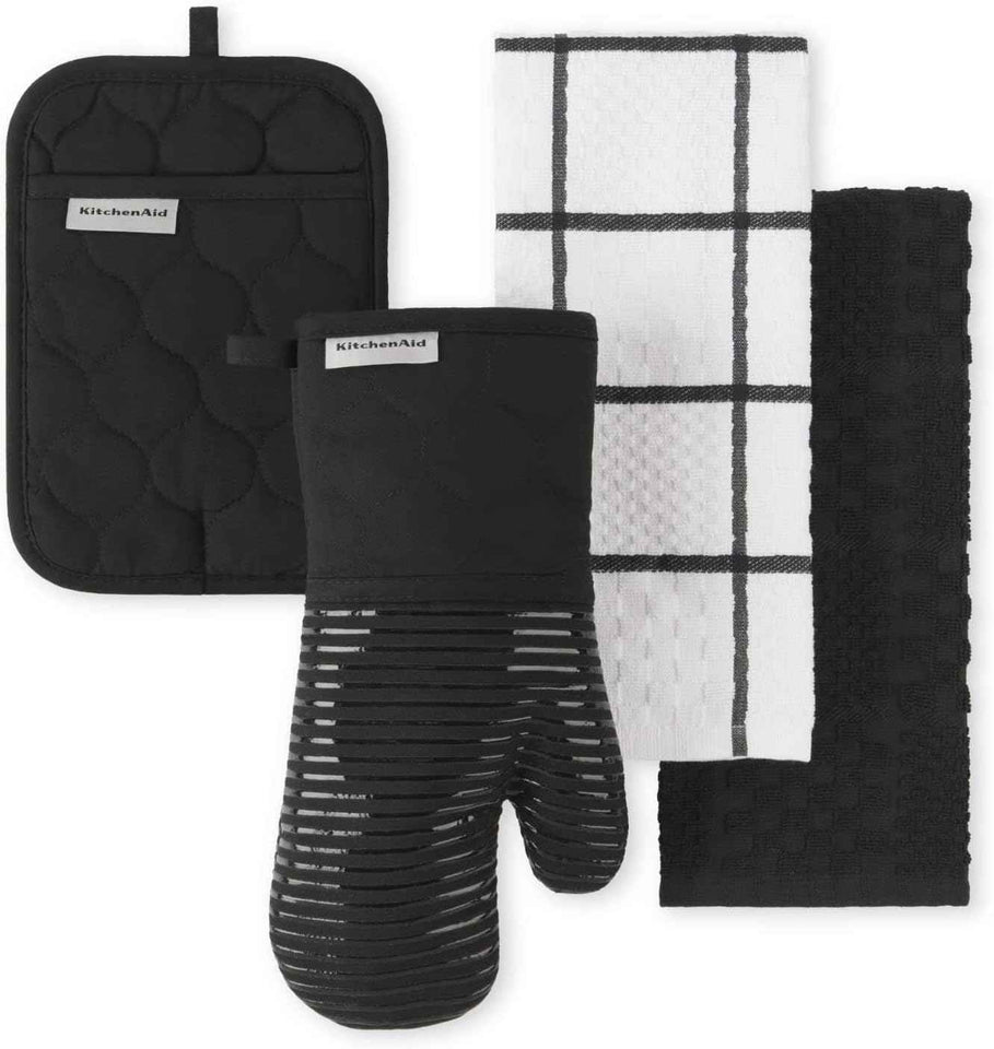 KITCHENAID Quilted Cotton Terry Cloth Oven Mitt, Pot Holder, Kitchen Towel 4-Pack Set, Heat Resistant, Silicone Grip, 16"x26", 7"x13" & 7"x10", Milkshake