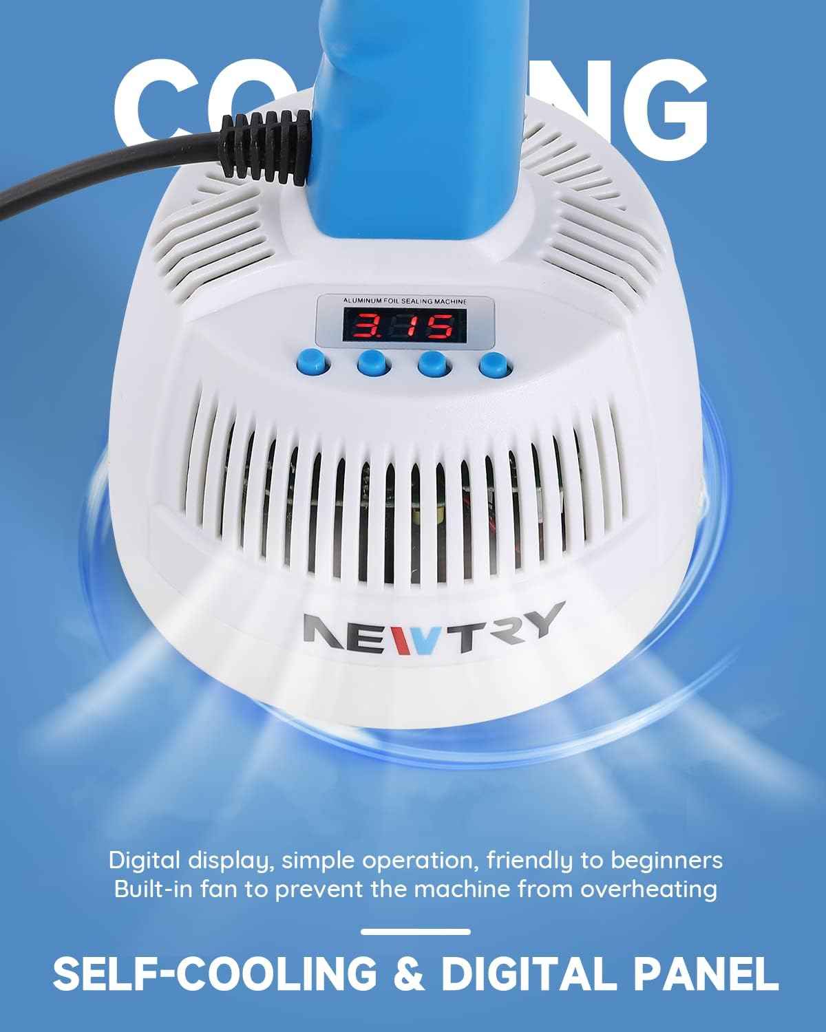 NEWTRY Induction Sealer 20-100mm Heat Handheld Sealing Machine Electromagnetic Bottle Cap Sealer Power & Time Adjustable for Plastic Glass Bottles Caps (110V)