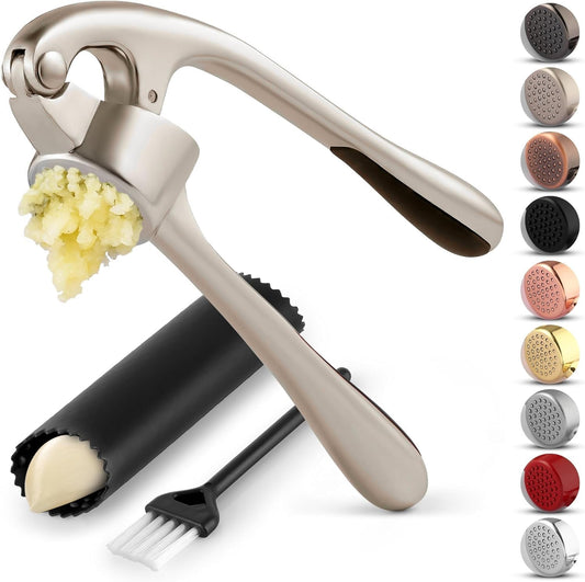 Zulay Kitchen Premium Garlic Press Set - Rust Proof Professional Garlic Mincer Tool - Easy-Squeeze, Easy-Clean with Soft, Ergonomic Handle - Silicone Garlic Peeler & Brush (Silver)