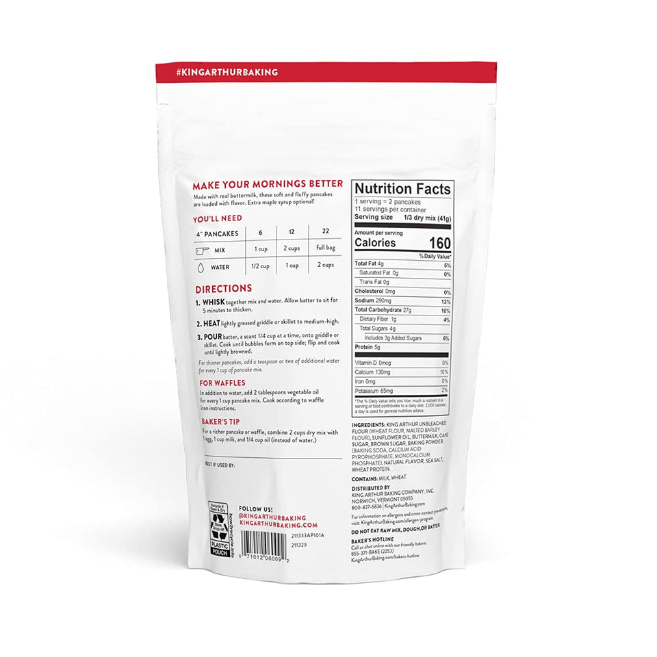 King Arthur Buttermilk Pancake Mix, Non-GMO, Kosher, Just Add Water, 16 Oz, Makes 22 Pancakes