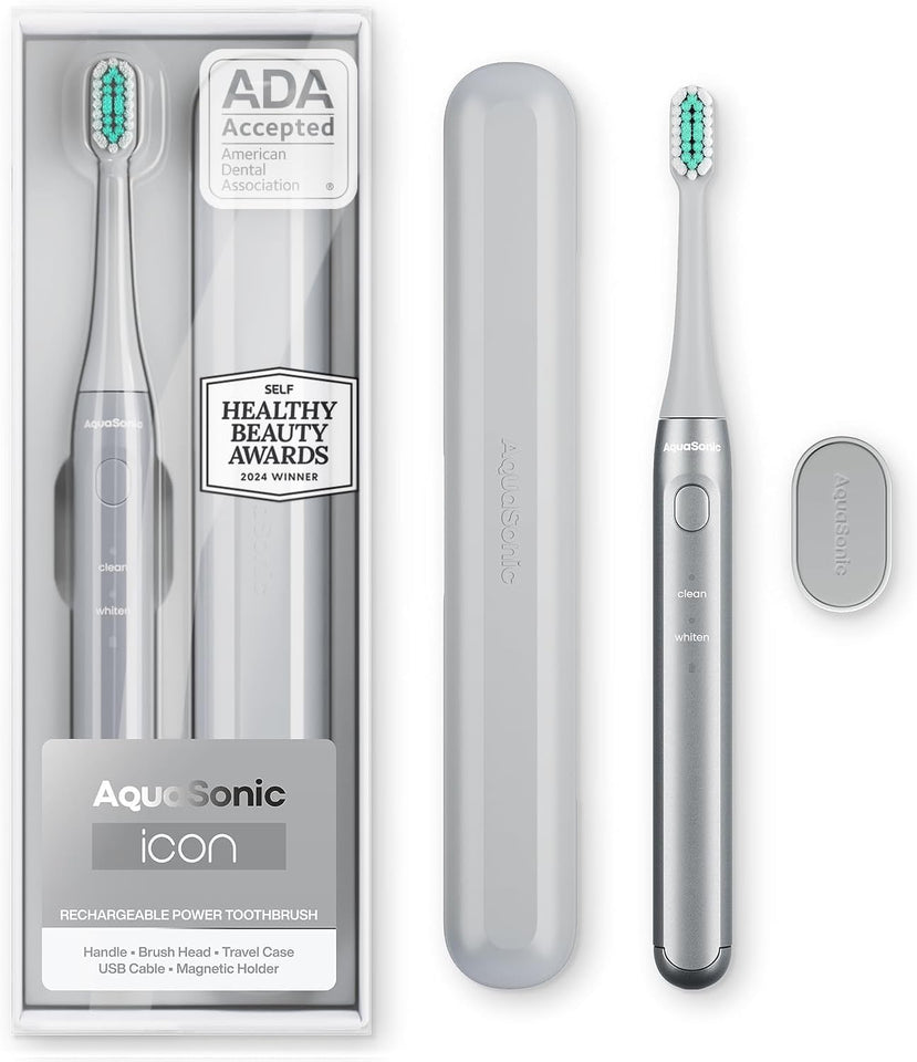 Aquasonic Icon ADA-Accepted Rechargeable Toothbrush with Magnetic Holder & Slim Travel Case | 2 Modes & Smart Timers | Gentle Micro-Vibrations
