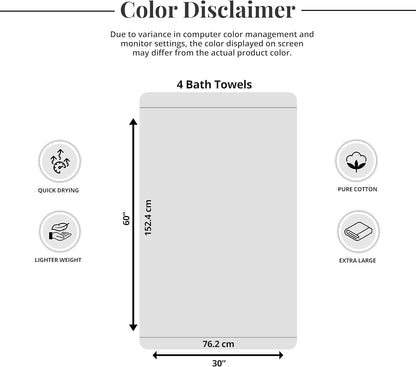 Tens Towels Pack of 4 Extra Large Bath Towels 30 x 60 Inches, 100% Cotton, Larger & Lighter Weight, Quicker to Dry, Super Soft and Absorbent, Perfect for Bathroom, White