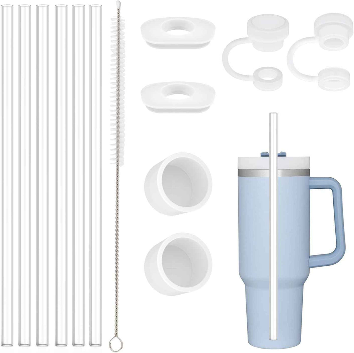 Replacement Straw Compatible with Stanley 40 oz 30 oz Cup Tumbler, 6 Pack Reusable Straw with Cleaning Brush, Plastic, Clear