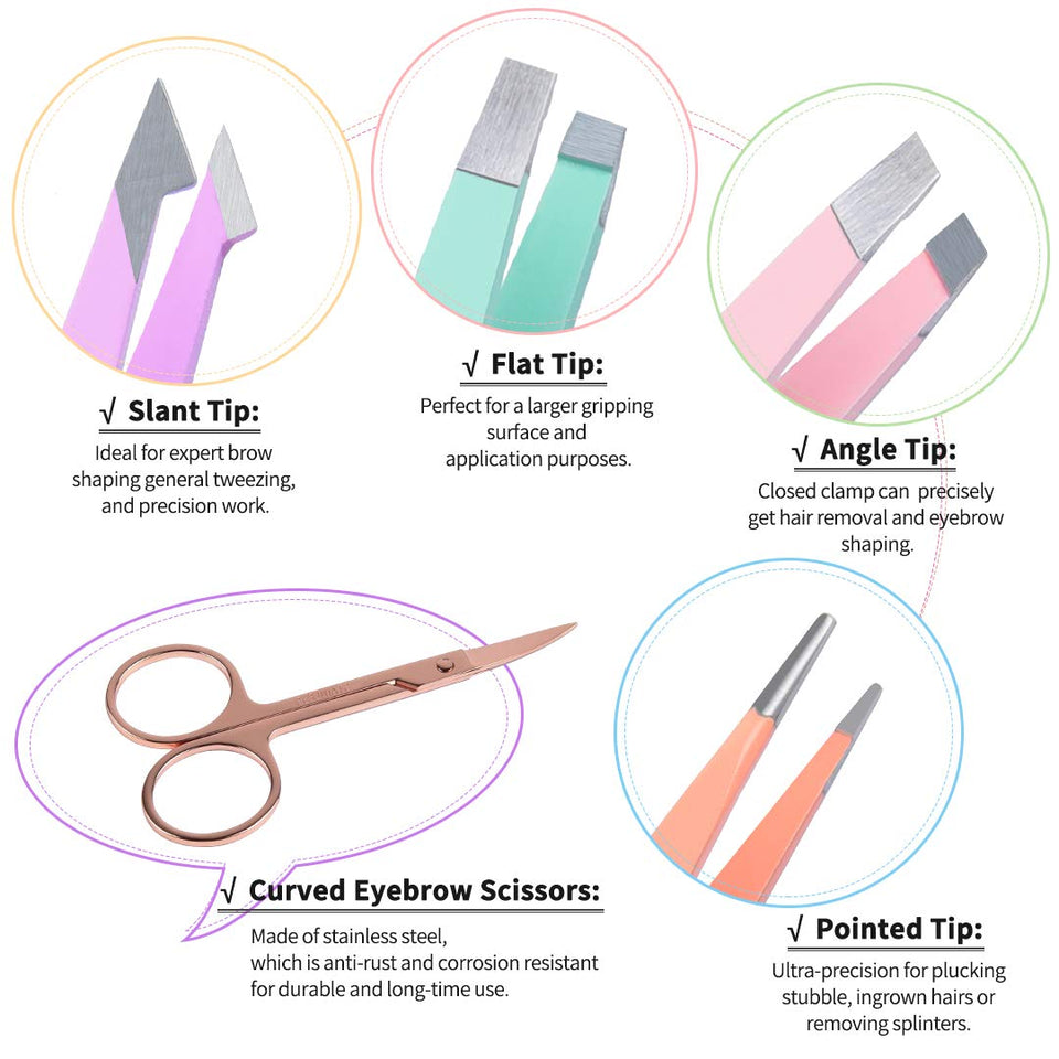 TsMADDTs 6 PCS Stainless Steel Tweezers Set for Women with Curved Scissor and Leather Travel Case