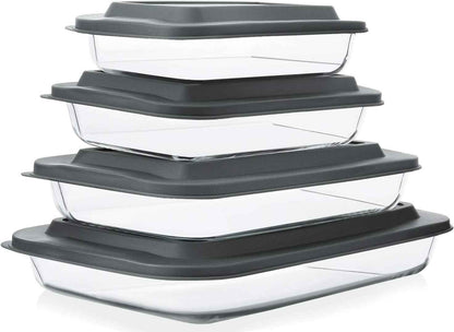 8-piece deep glass baking dish set with plastic lids and gray color