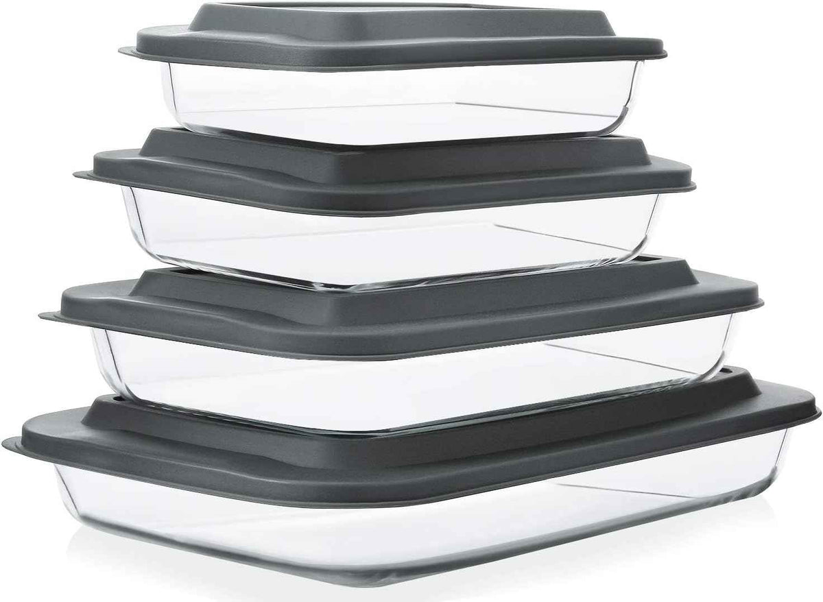 8-piece deep glass baking dish set with plastic lids and gray color