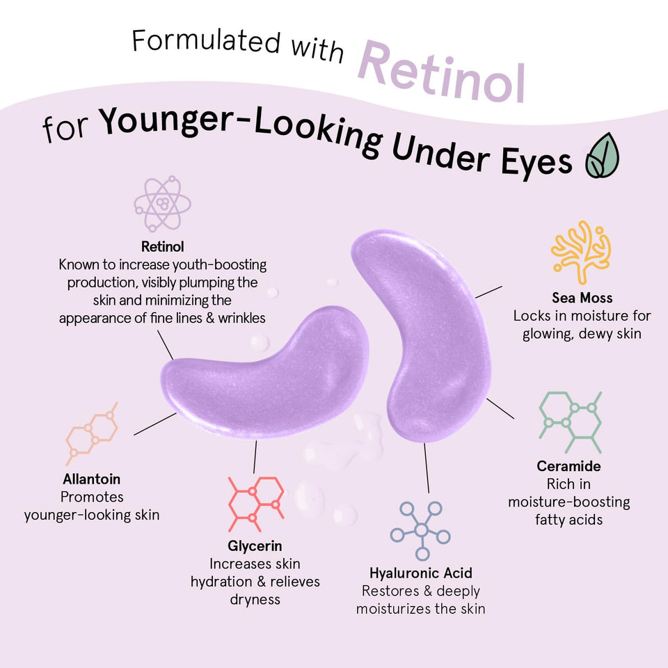 grace & stella Retinol Under Eye Patches for Puffy Eyes & Dark Circles - Restoring Gel Under Eye Masks with Hyaluronic Acid - Purple, 24 Pairs for Women
