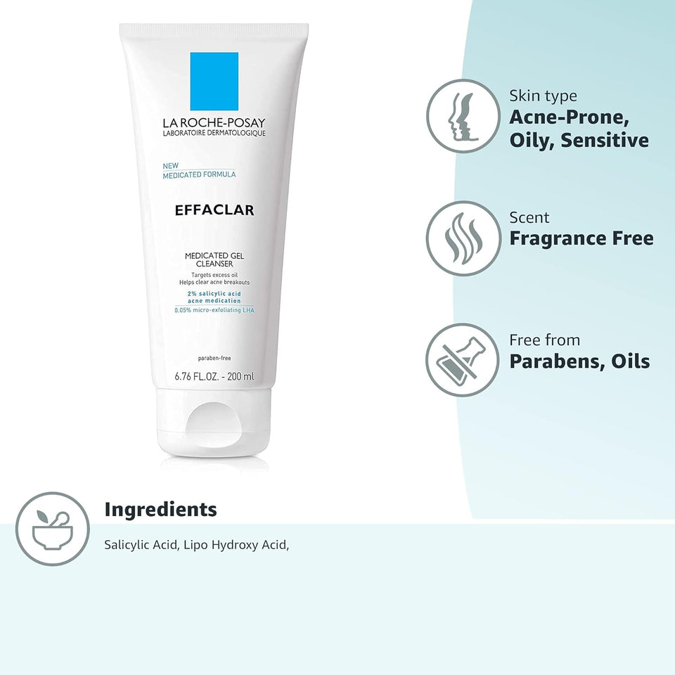 la roche posay effaclar medicated gel cleanser, 2% salicylic acid, lha, glycerin, oil free, dermatologist tested face wash for acne prone skin