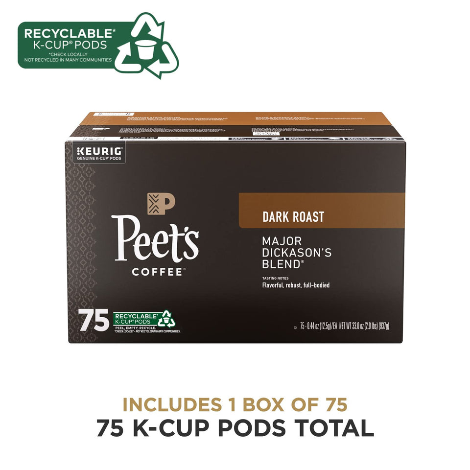 Peet's Coffee Major Dickason's Blend Dark Roast Keurig K-Cup Pods, 75 count, 100% Arabica, recyclable