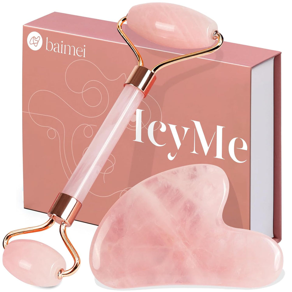 BAIMEI IcyMe Jade Roller & Gua Sha, Face Roller Redness Reducing Skin Care Tools, Self Care for Men Women, Massager for Face, Eyes, Neck, Relieve Fine Lines and Wrinkles - Rose Quartz