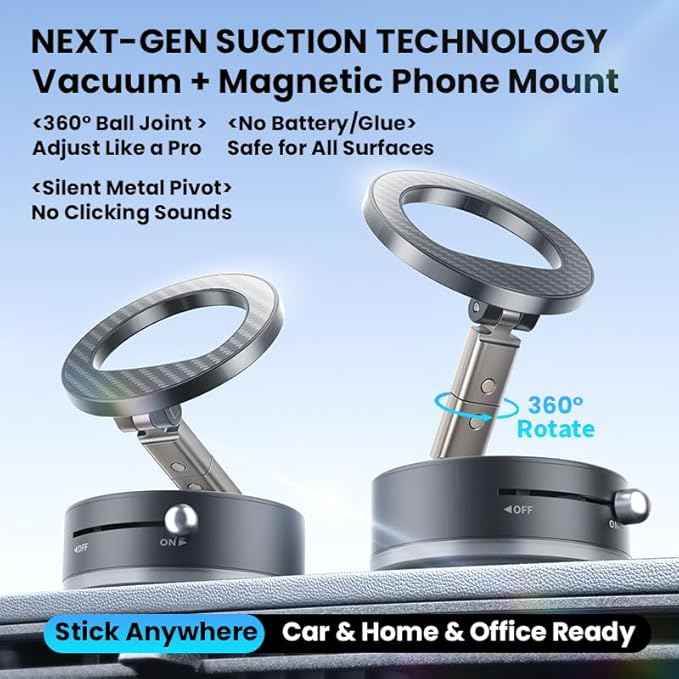 BISART Vacuum Magnetic Car Phone Holder – 360° Rotatable, Reinforced 96LBS Suction Cup Mount Compatible with MagSafe for iPhone & Android, Portable for Car, Gym & Mirror (A7-Black)