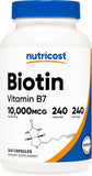 Nutricost Biotin (Vitamin B7) 10,000mcg (10mg) Vitamin Supplement, 240 Capsules - Vegetarian, Gluten Free, Quick Release, Non-GMO