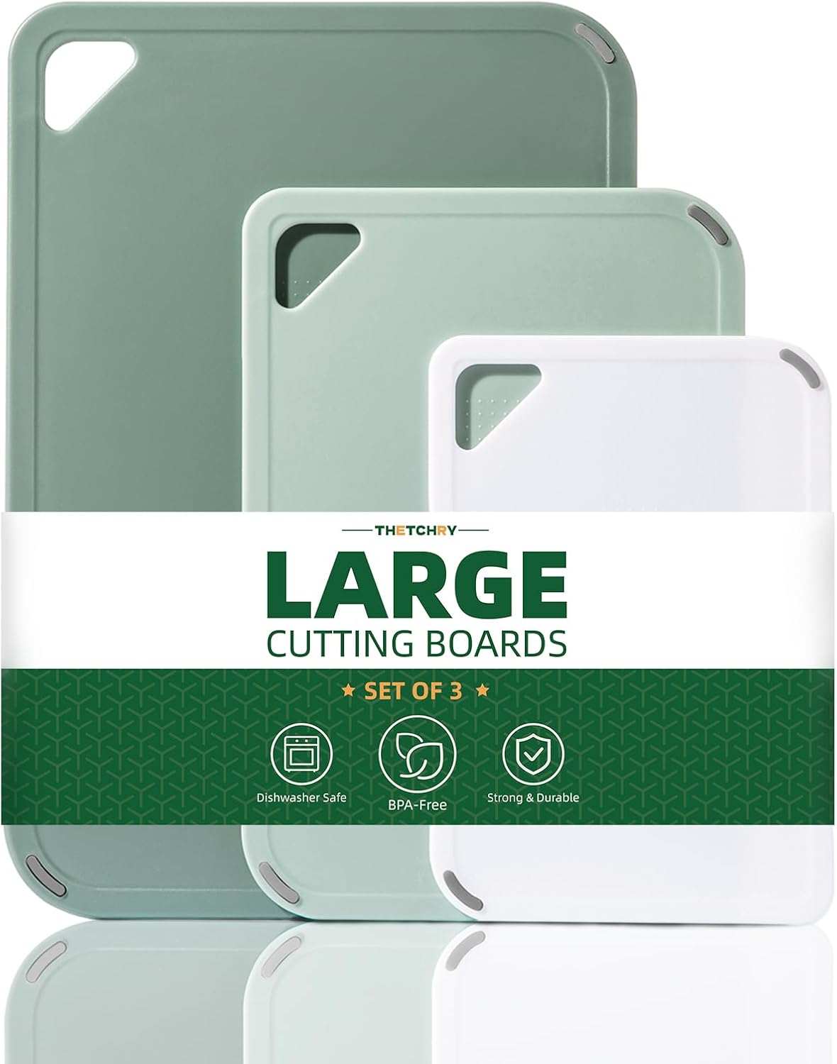 Plastic Cutting Board Set of 3-Cutting Boards for Kitchen BPA Free, Large-Small Chopping Boards Non-Slip for Cooking Camping Dishwasher Safe, Reversible, with Grip Handle, 15"×10"×0.6" Green