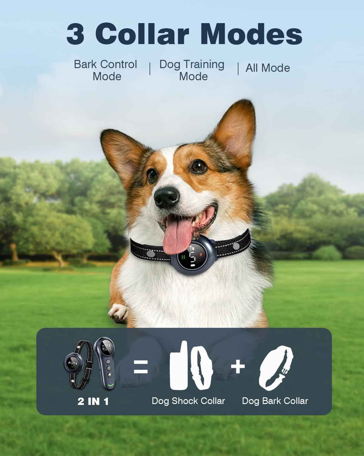 2-in-1 Dog Shock Collar & Dog Bark Collar - Smart Anti Barking Dog Training Collar with 5 Adjustable Sensitivity & 3300FT Remote for All Breeds IP67 Waterproof E-Collar