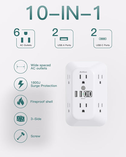 Addtam Surge Protector Outlet Extender, 6-Outlet Splitter with 4 USB Wall Charger(2 USB-C Ports), Multi Plug Wall Outlet 1800J Power Strip for Home Office Dorm Room Essentials