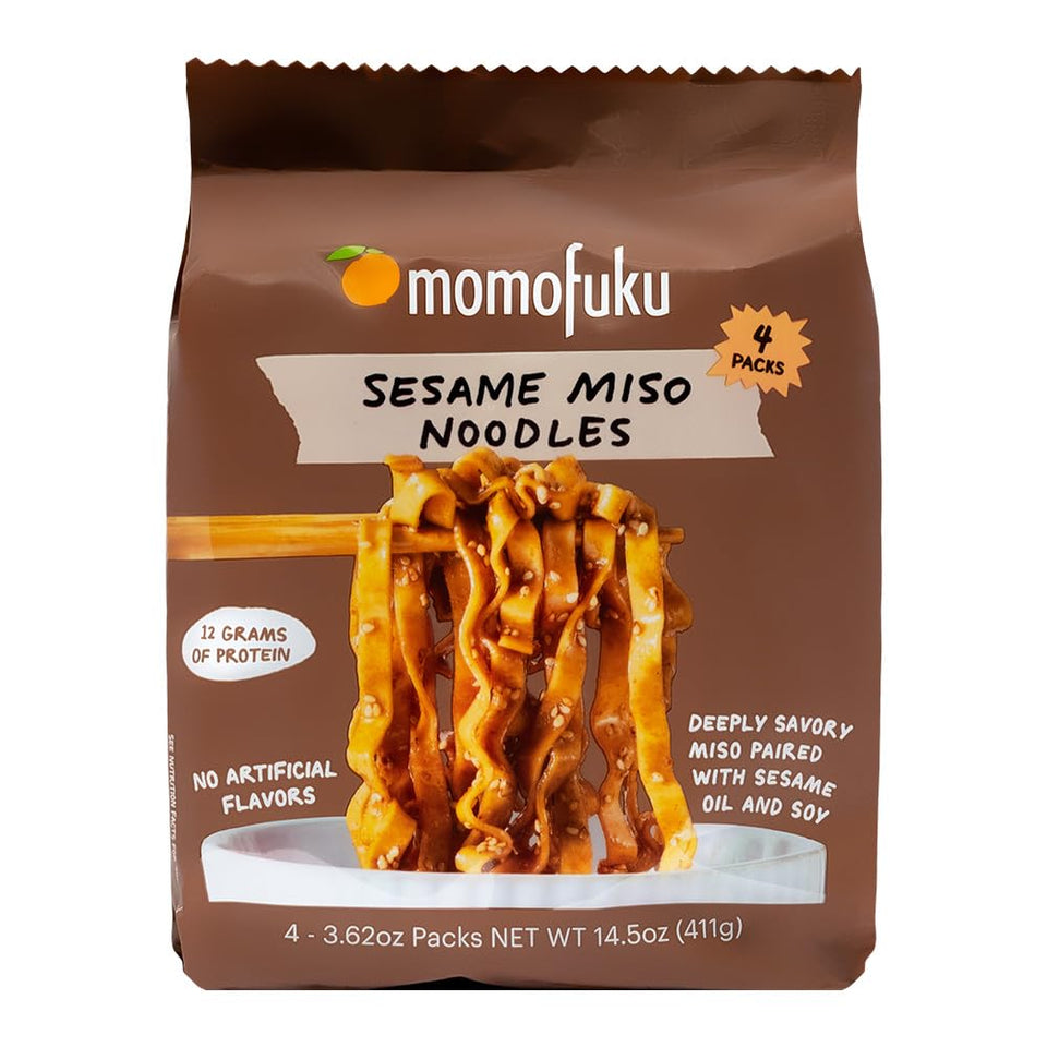 Momofuku sesame miso ramen noodles by David Chang, air-dried instant noodles with sauce, 4 servings, 12g plant based protein
