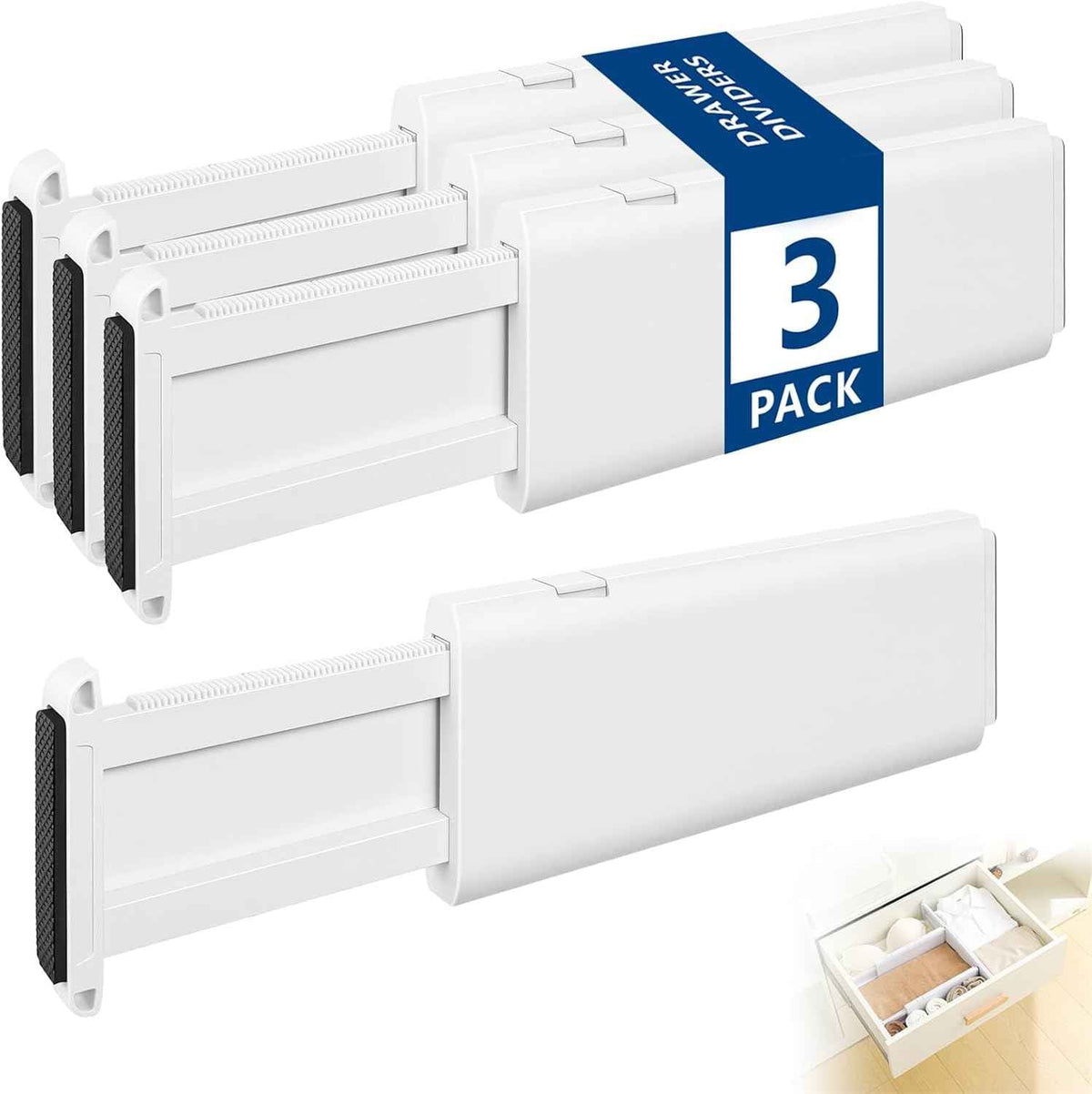 Drawer Dividers Dresser Drawer Organizer 3 Pack Adjustable Kitchen Drawers Divider Plastic Separators for Clothes Desk Office Storage