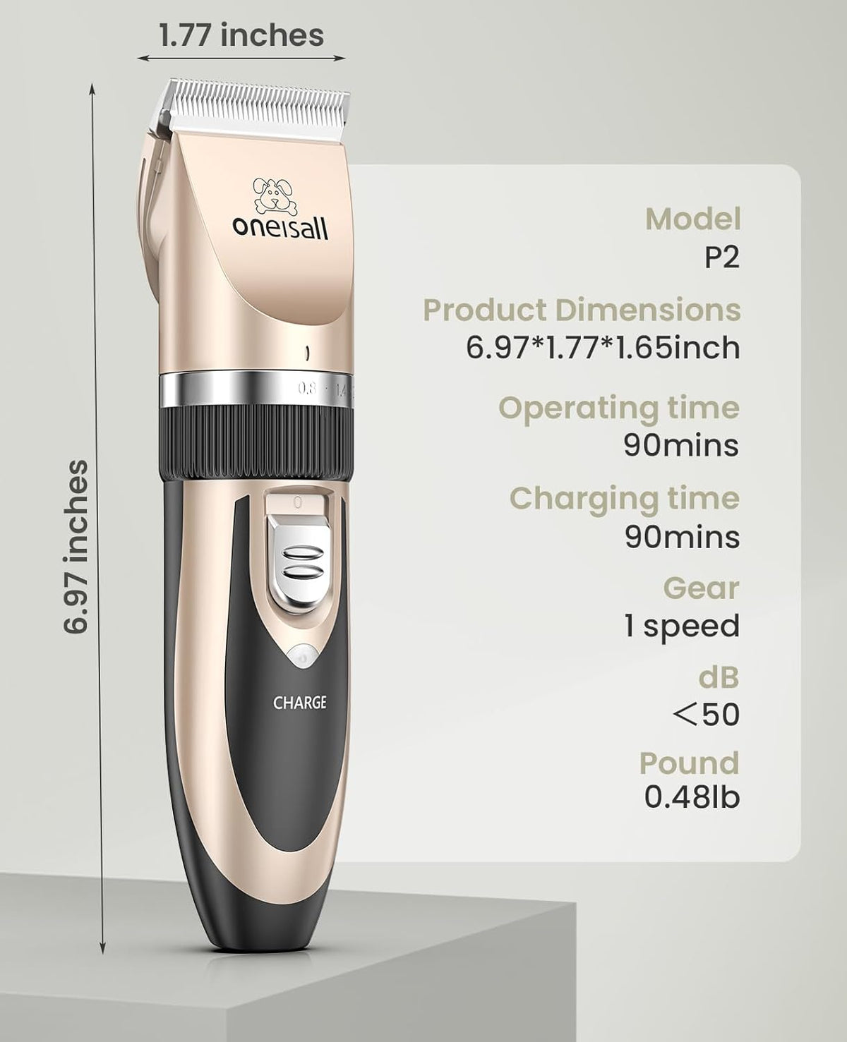 oneisall Dog Clipper Low Noise, Dog Grooming Kit with Rechargeable, Pet Shaver Cordless Electric Quiet Hair Clipper Set for Dogs Cats Pets（Gold）