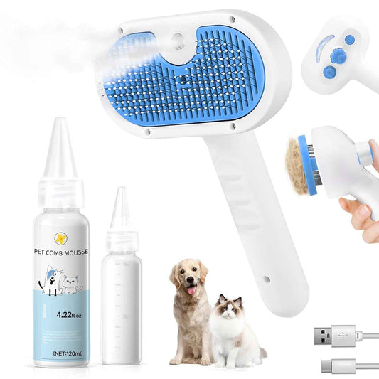 Pet Steam Brush for Dog & Cat - 3-in-1 Steam Grooming Brush for Shedding & Hair Removal - Self Cleaning Spray Comb with Mist for Long Haired Pets - Includes 1*Waterless Shampoo, Blue.