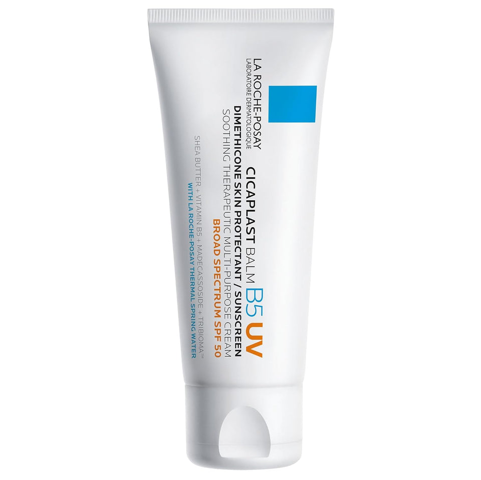 La Roche-Posay Cicaplast Balm B5 UV SPF 50, Vitamin B5 + Shea Butter + Tribioma + Madecassoside + Zinc Oxide Sunscreen, Post Treatment Skin Protectant With SPF, Multi-Purpose Cream For Dry Skin