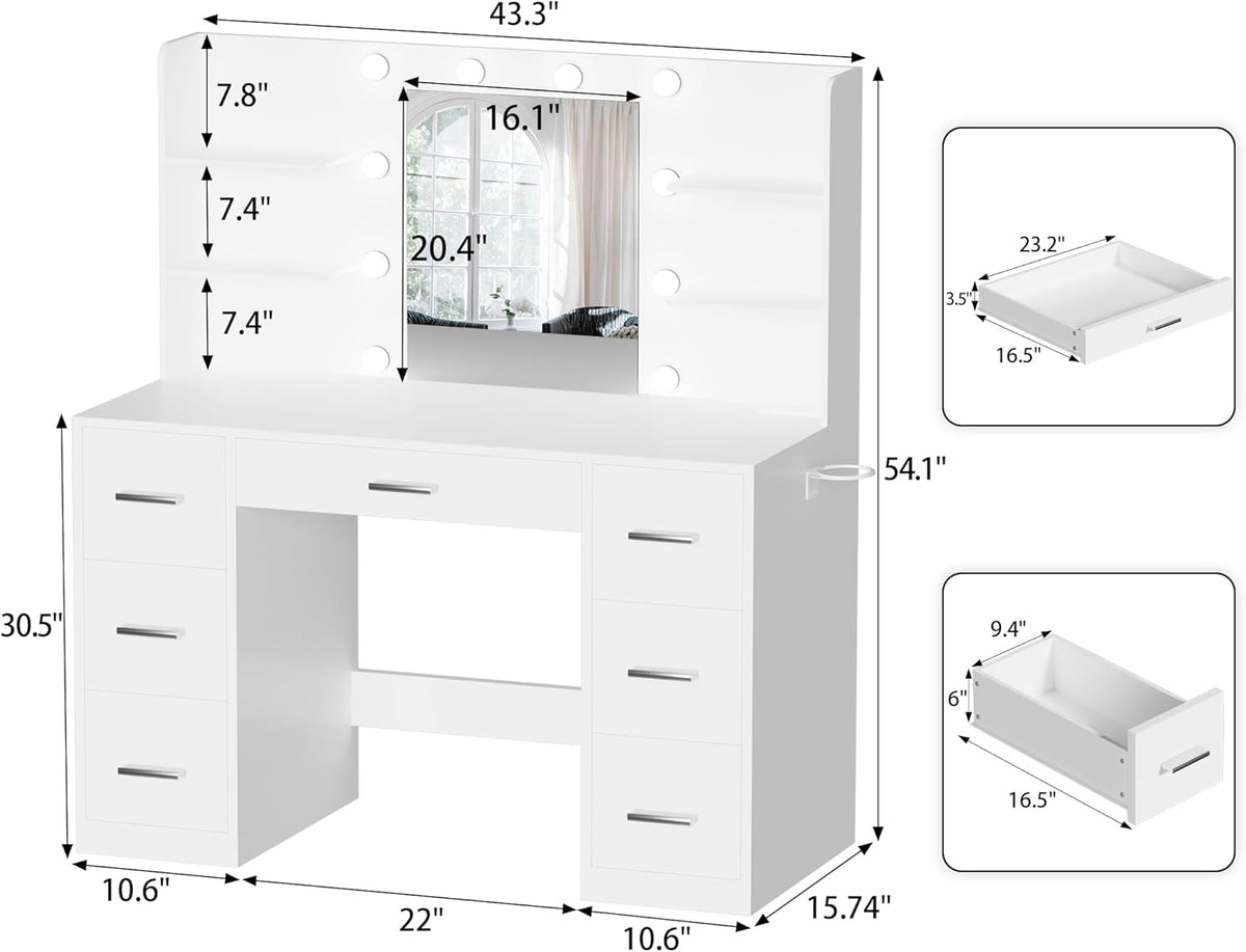 YESHOMY Vanity Desk with Mirror, Power Outlet and 10 Lights, Makeup Table with 7 Drawers, 3 Color Modes Available for Bedroom, White
