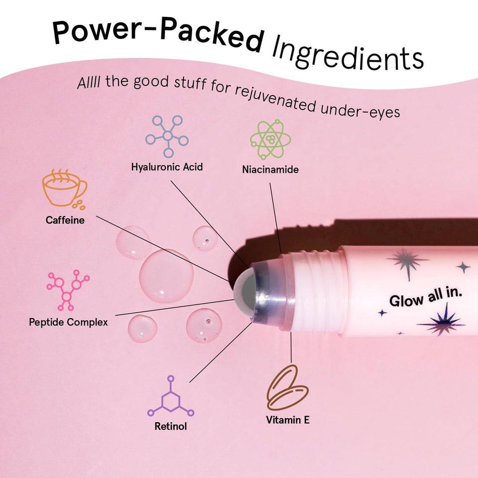 grace & stella Under Eye Brightener Roller - Travel Size Toiletries - Retinol Caffeine Eye Serum for Dark Circles Wrinkles 15ml