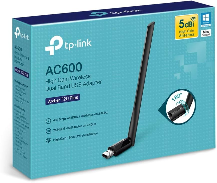 TP-Link AC600 USB WiFi Adapter for PC (Archer T2U Plus)- Wireless Network Adapter for Desktop with 2.4GHz, 5GHz High Gain Dual Band 5dBi Antenna, Supports Win11/10/8.1/8/7/XP, Mac OS 10.9-10.14, Black
