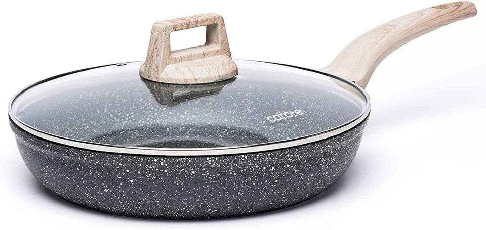 CAROTE Non Stick Frying Pan Skillet, Nonstick Granite Fry Pan with Glass Lid, Egg Pan Omelet Pans, Stone Cookware Chef's Pan, PFOA Free (Classic Granite, 10-Inch)