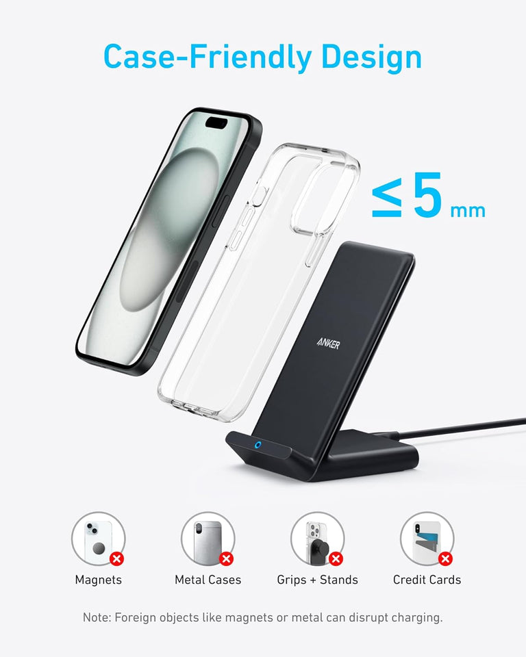 Anker 313 Wireless Charger (Stand), Qi-Certified for iPhone 17/17/17 Pro/17 Pro Max/15/14/13, 10W Fast-Charging Galaxy S23 S22 S21(No AC Adapter) - Rayz Mart