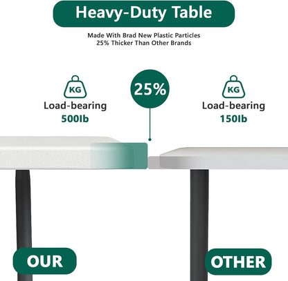 Folding Table 6ft - Heavy Duty Plastic Table with Handle, Foldable & Portable, Fold-in-Half Utility Tables for Outdoor, Dining, Wedding, Events, Indoor, Picnic, Camping, Party (White)