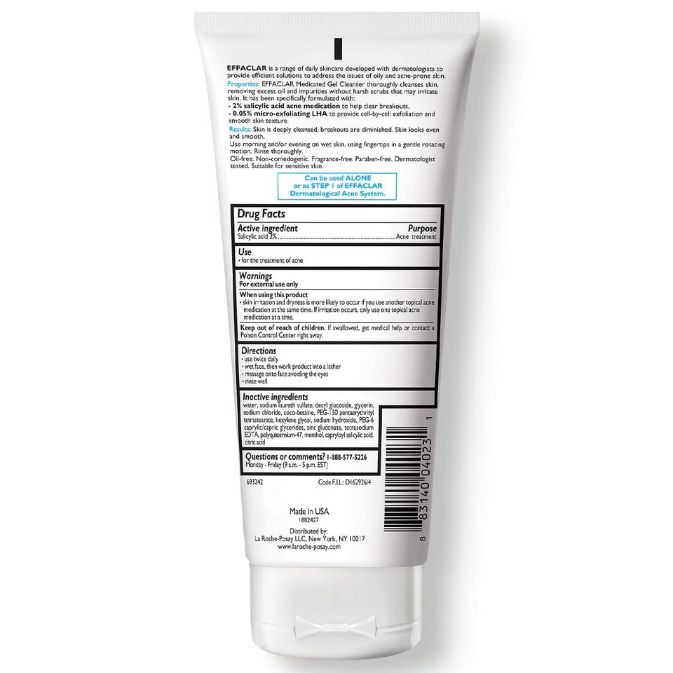 la roche posay effaclar medicated gel cleanser, 2% salicylic acid, lha, glycerin, oil free, dermatologist tested face wash for acne prone skin